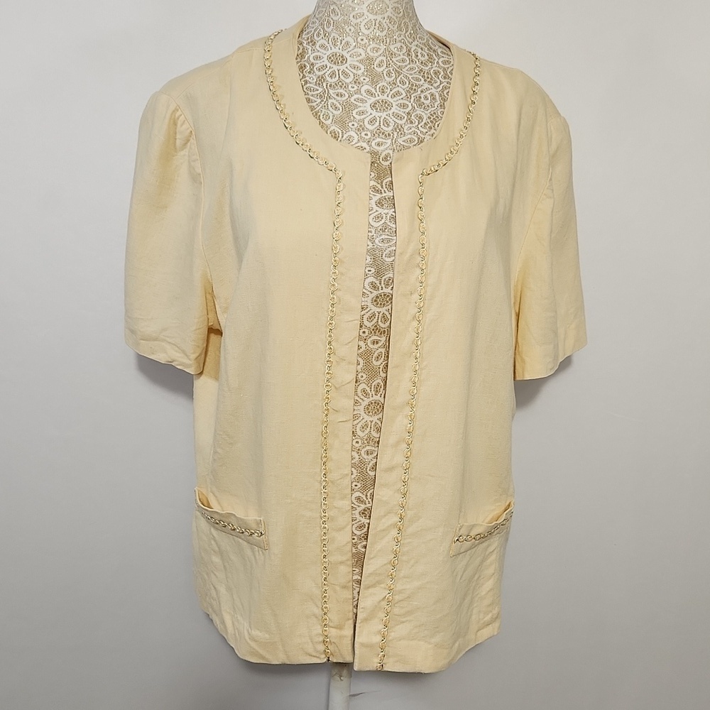 R&K Jacket Women S Yellow Linen Blend Embroidered Short Sleeve Summer Breathable